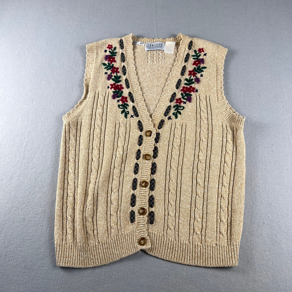 VTG Jantzen Sweater Vest Tan Embroidered Floral Cable Knit Cottagecore